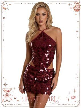 Women's Sequin Halter Top Crisscross Tie Backless Asymmetrical Party Top